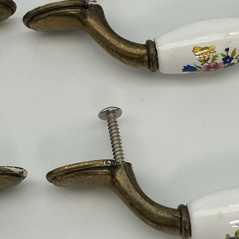 Vtg. 6 Floral Ceramic Drawer Pulls Brass Hardware 3 Inch Center Cottagecore Farm
